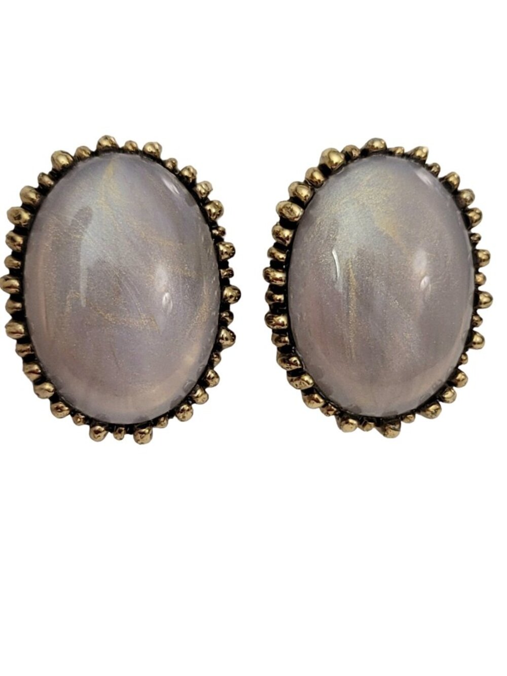 Ciner Gold Tone Purple, Gray Swirl Lucite Cabochon Clip On Earrings, Signed
